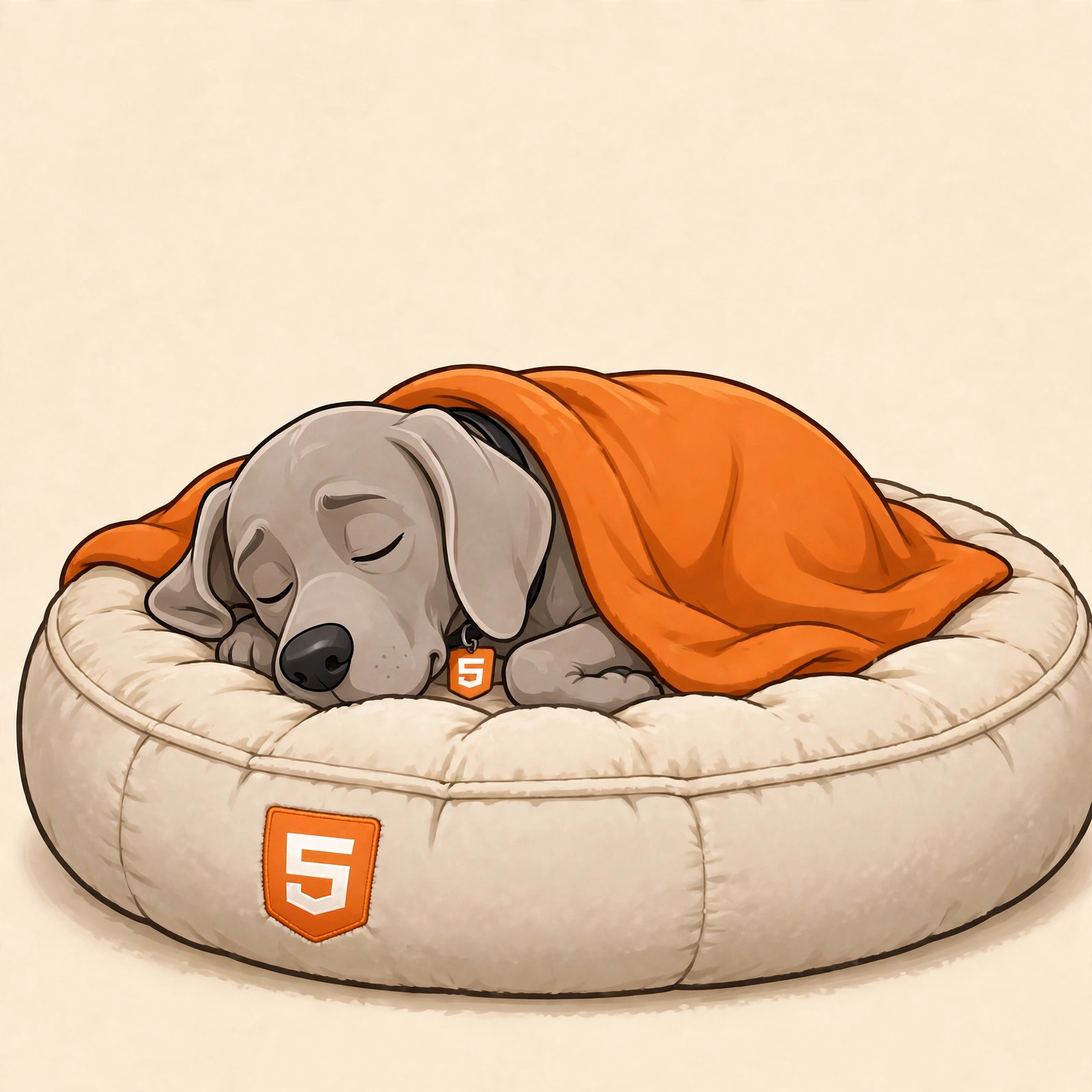 oliver the Weimaraner in an orange HTML5 cape, asleep on a dog bed